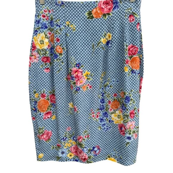 Diane Von Furstenberg Vintage Silk Blue Grid Pattern Multi Floral Pencil Skirt 1 - Picture 1 of 8